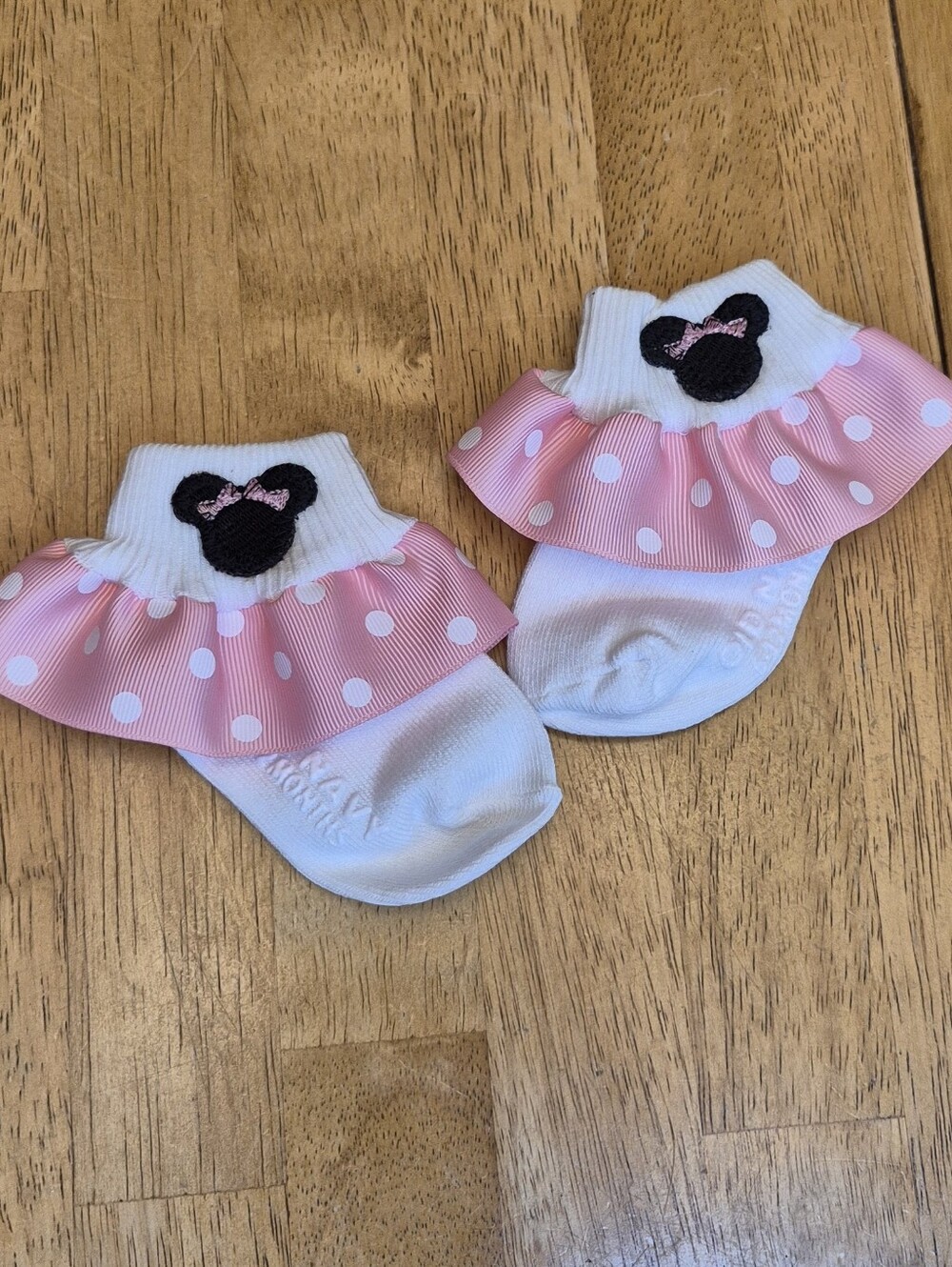 Minnie Mouse White and Pink Dots Ruffle Ribbon Socks Sz 6 - 12 Months Handmade